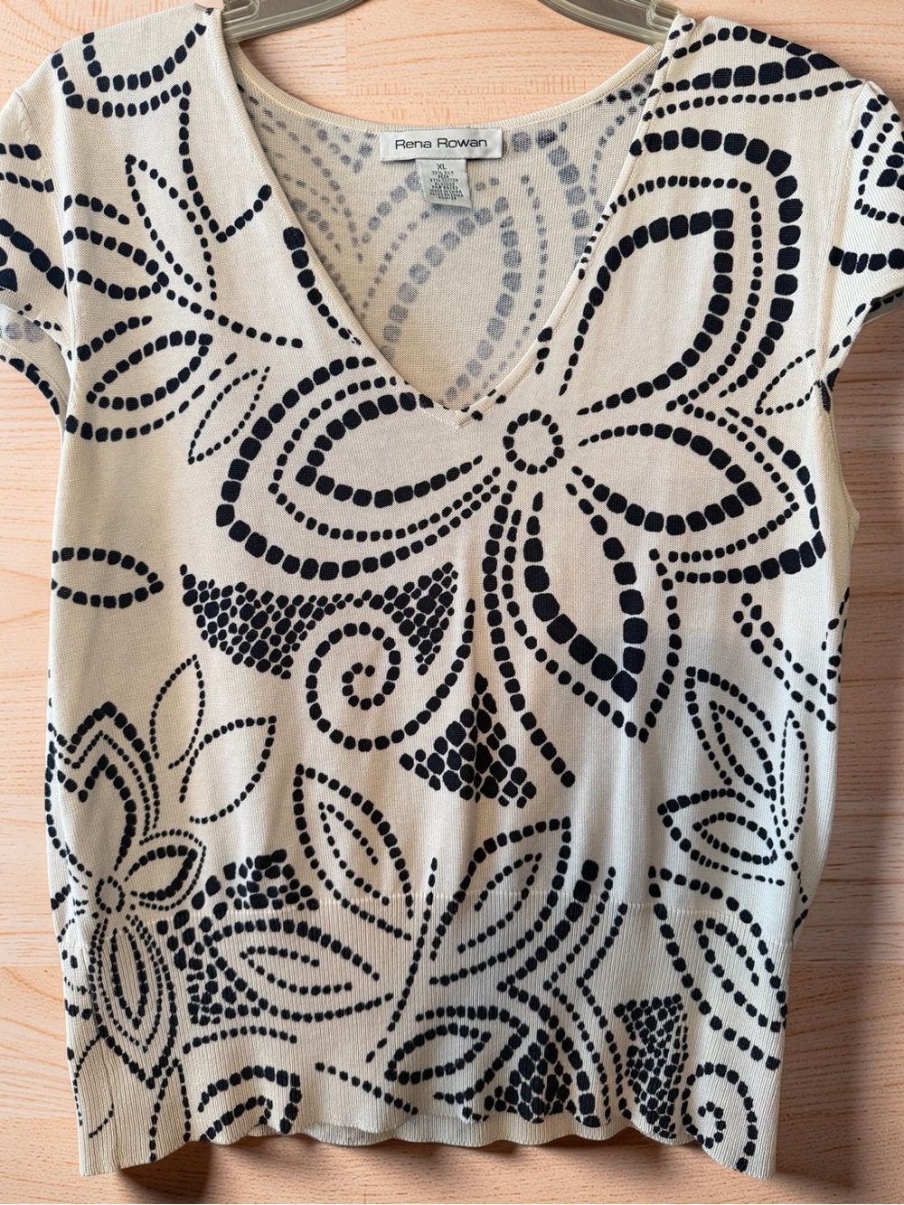 Rena Rowan Cream Short-Sleeve V-Neck Top with Black Floral Dot Print